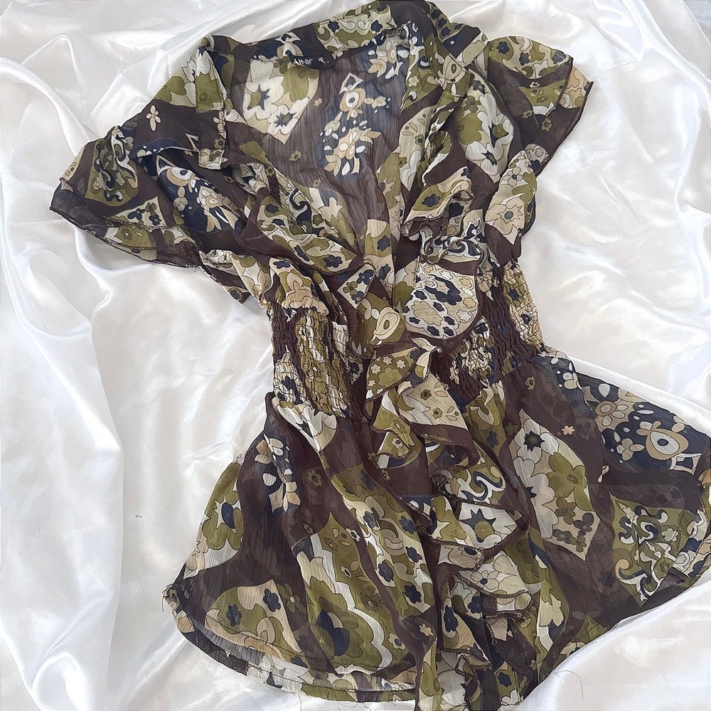 Unique Spectrum Brown Olive Floral Smocked Ruffle Sheer Blouse Medium